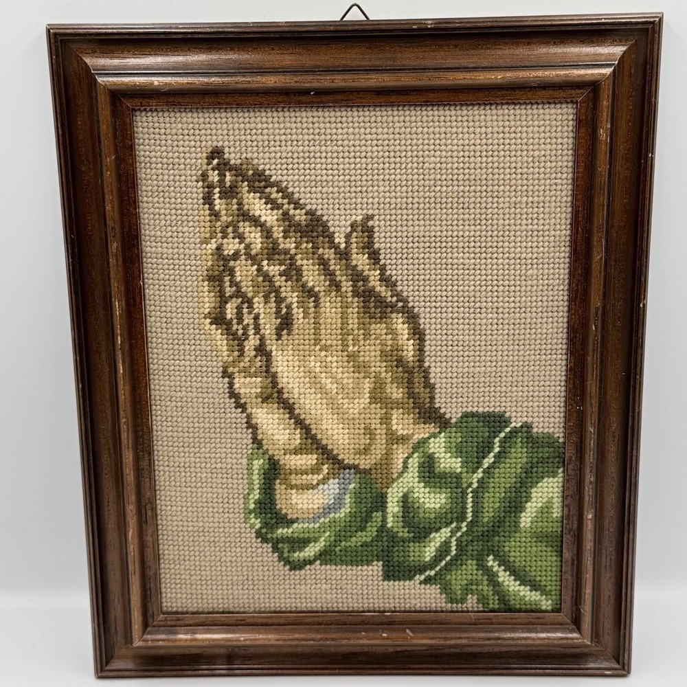 Vintage Needlepoint Praying Hands Framed Wall Art Handmade 10x12